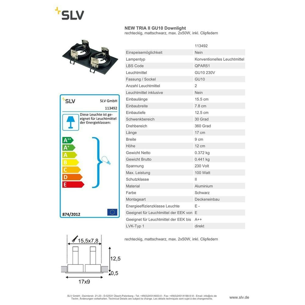 SLV New Tria II GU10 Downlight rechteckig Schwarz thumbnail 3