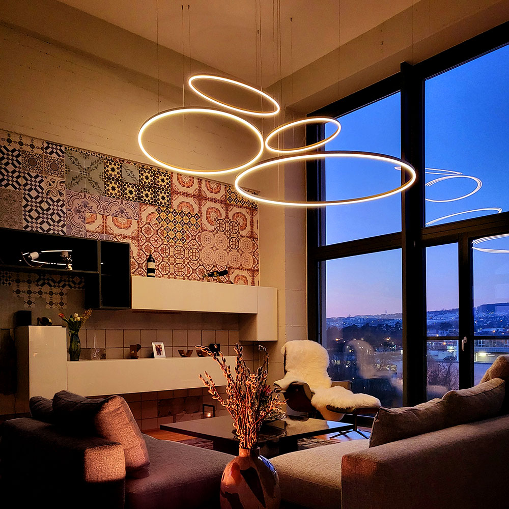 LED Hänge Lampe Edelstahl Wohn Zimmer Beleuchtung Decken Pendel Leuchte gebogen 