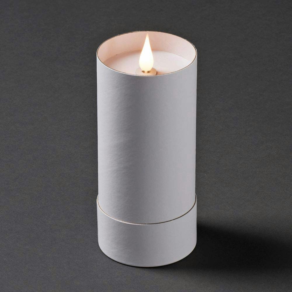 LED Kerze weiß in weißem Zylinder mit Deckel 3D Flamme Timer warmweiß batteriebetrieben Innen 2