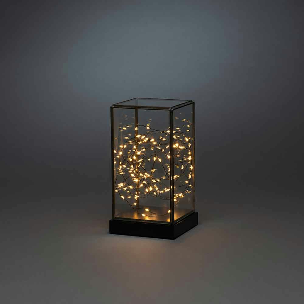 Lanterne en verre LED avec base en bois noir et minuterie 6h noire 1