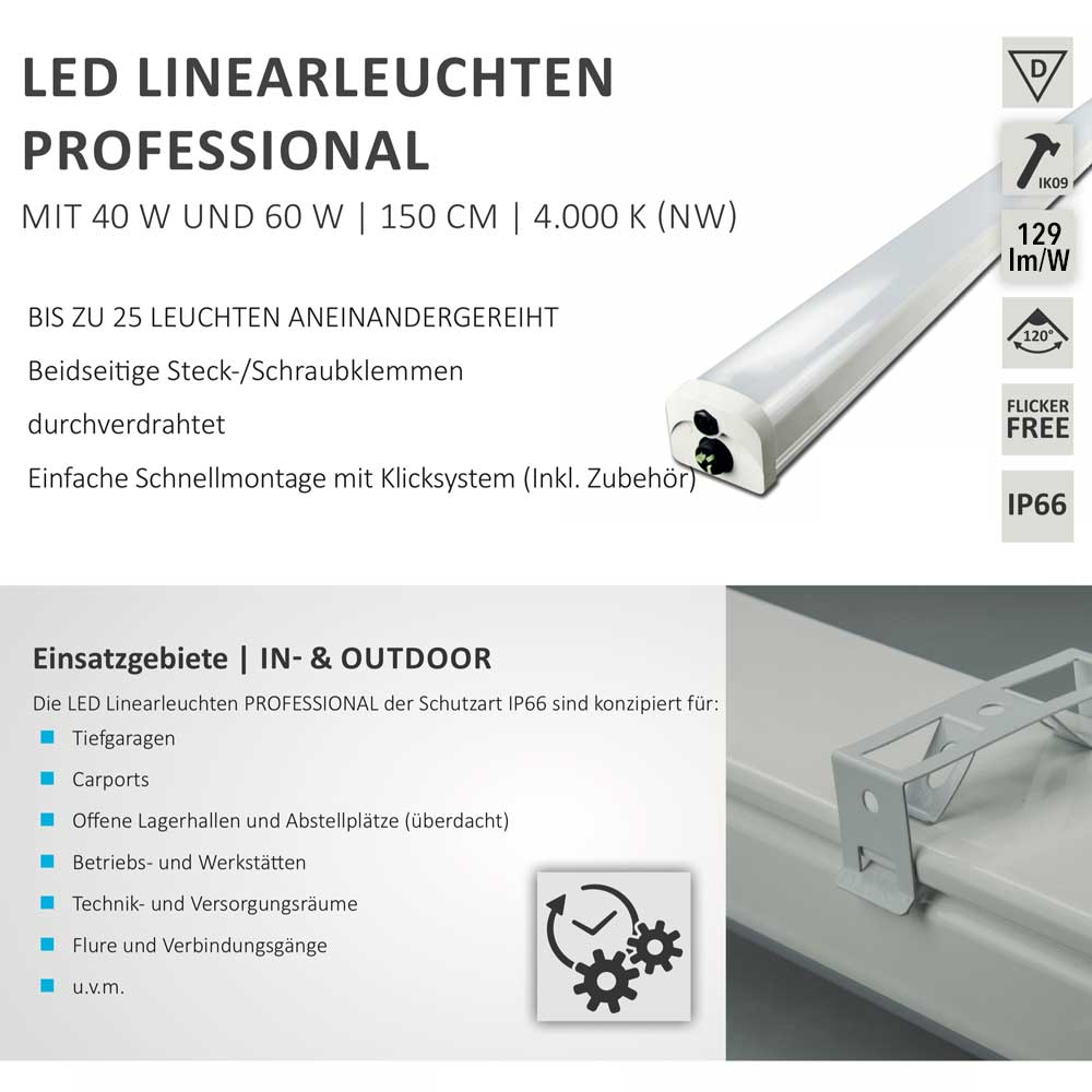 S.Luce LED Profi Linienleuchte 150cm Wannenleuchte 5100lm IP66 Neutralweiß