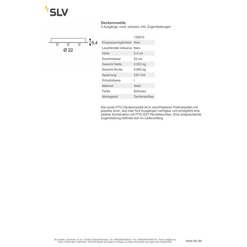 SLV Deckenrosette 3 Ausgänge rund Schwarz inkl. Zugentlastungen thumbnail 3