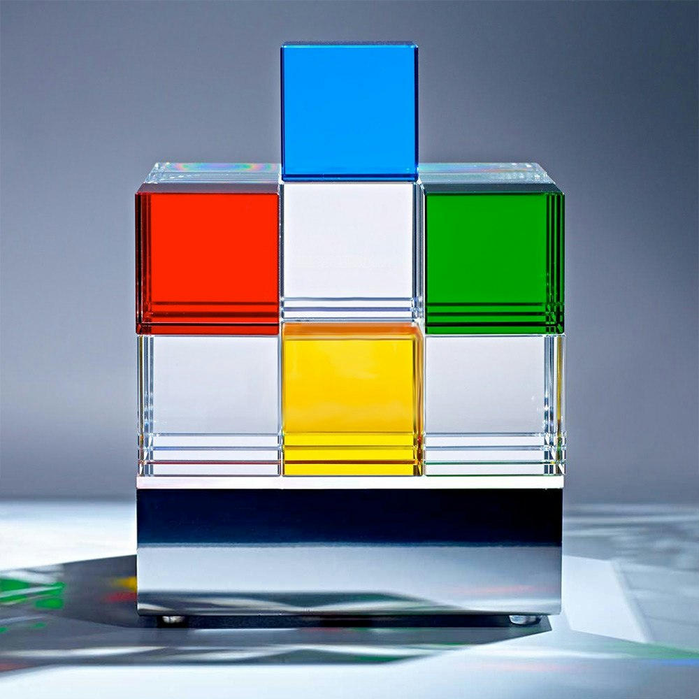 Tecnolumen Tischleuchte Cubelight Edelstahl Glas klar farbig 1