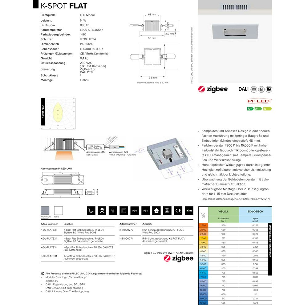 Kiteo K-Spot Flat LED Einbauleuchte HCL CCT ZigBee / DALI zoom thumbnail 4