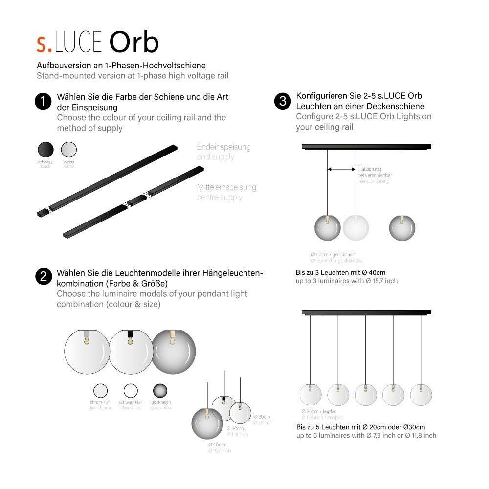 s.LUCE Orb Glas-Hängeleuchte 2-5-flammig inkl. 1-Phasen-Schienensystem 2
                                                                        